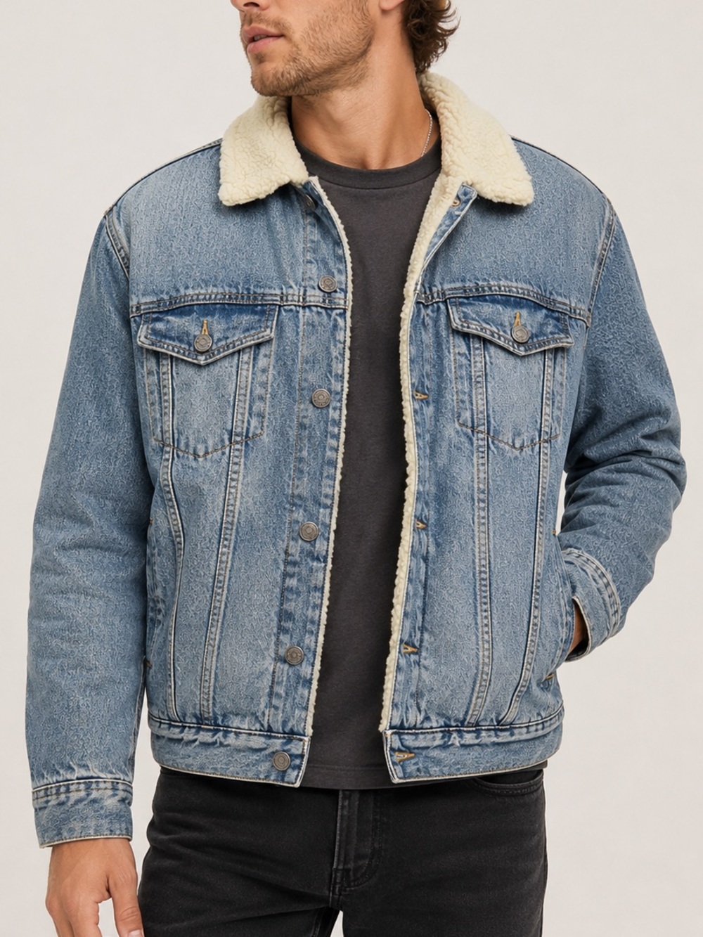 H&M Sherpa Lined Light Blue Wash Denim Trucker Jacket Size Mens Medium